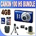 Canon PowerShot ELPH 100 HS 12.1 MP Digital Camera (Blue) W/4GB SDHC Memory + USB Card Reader + Shock Proof Case w/Strap + Mini Tripod + Accessory Saver Bundle!