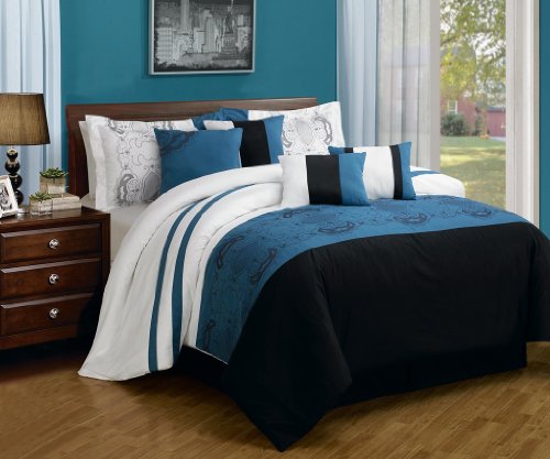 12 Piece King Sartor Blue And Black Embroidered Bed In A Bag Set