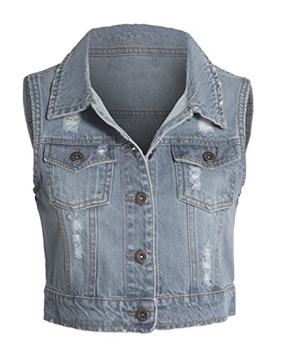 Women's Classic Button Up Sleeveless Distressed Cropped Jean Denim Vest