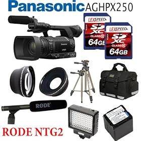 Panasonic AG-HPX250 P2 HD Hand-Held Camcorder + Rode NTG2 Shotgun Microphone + Rode VXLR Minijack + Battery + 2 x 64GB SDXC + 0.45X Wide Angle Lens + 2x Telephoto Lens + Case + Tripod + Led Light + Travel charger + UV + CPL FILTER