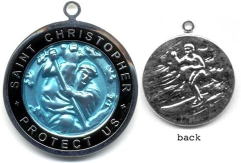 St. Christopher Silver Plated Colored Surf Medal - Large Teal/Black