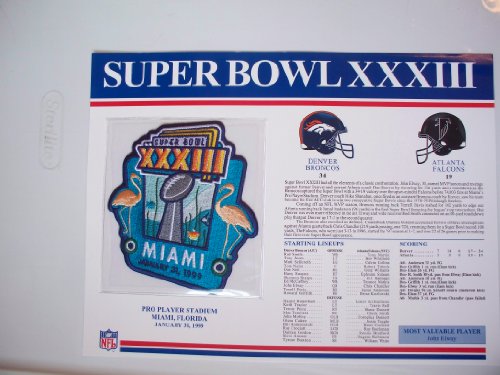 1998 Denver Broncos vs Atlanta Falcons NFL Super Bowl 33 (XXXIII) 1999 John Elway MVP Willabee Ward Patch and Stat Panel Card