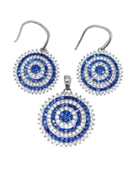 Zirconia by Debbie 925 Silver Blue and Clear Micro Pave Earring and Pendant Set