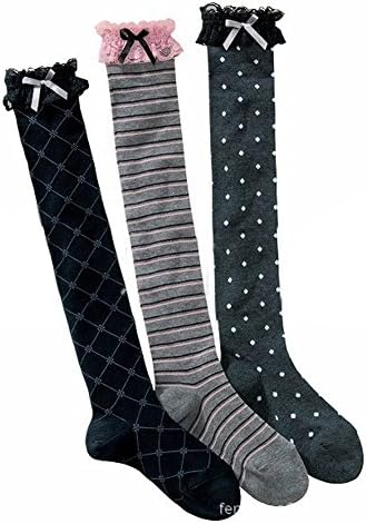 Deer Mum Girl's Classic Stripe Grid Polka Dot Pattern Socks(3 Pairs)