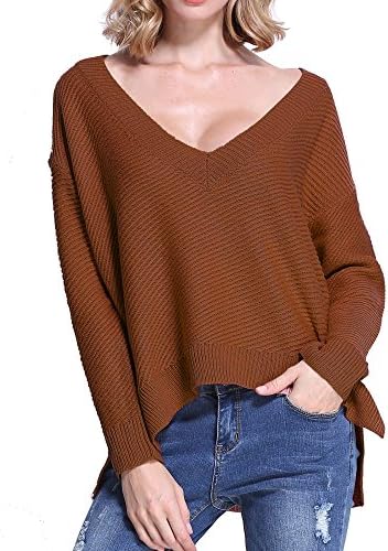 Roco Roca Women's Long Sleeve Pullover Low V Neck High Low Hem Knit Striped RNW1520029z1-S