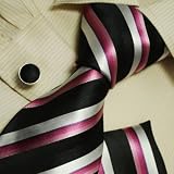 51xEQKmUdAL. SL160  Hot pink stripes ties for men xmas gift mens style black silk ties cufflinks handkerchiefs set H5138