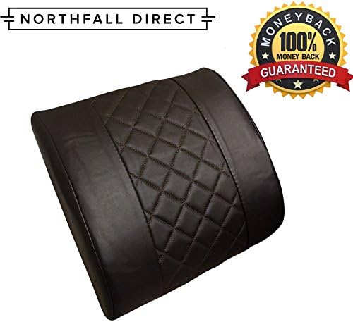 Premium PU Leather Lumbar Support by NorthFall Direct - Lower Back Pillow Cushion for Car Seats, Home, Office Chair, Airplanes and More! Includes Seat Strap - Lifetime Guarantee (Brown)