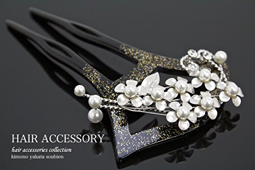 バチ型簪 かんざし 黒 花 パール ラメ [結婚式/成人式/卒業式]