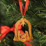 Hand Carved Olive Wood Holy Family in Bell Ornament