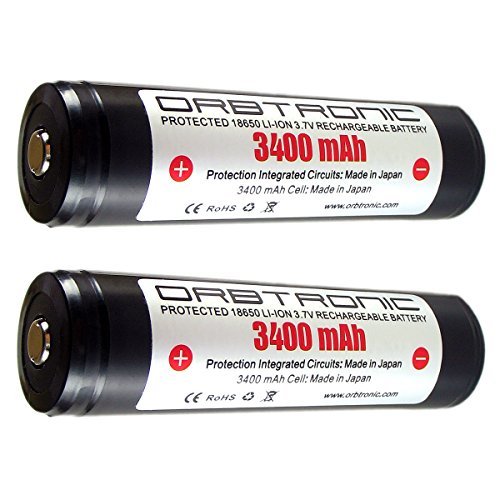 ORBTRONIC 3400mAh Two 18650 PROTECTED PANASONIC 3.7V Rechargeable High Performance Li-ion Batteries - 10 Amp Dual Protection - For High Power 18650 Flashlights - Protective Battery Case Included