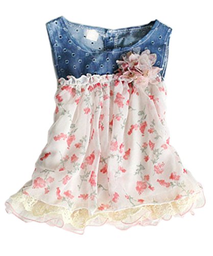 Toddler Baby Girls Dress Denim Chiffon Flower Dress Kids Sun Dress Dress Clothes