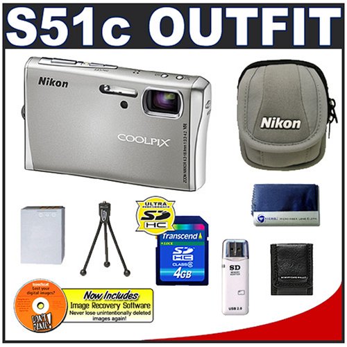 Nikon Coolpix S51c 8.1 Megapixel Digital Camera with 3x Optical Zoom + Transcend 4GB HC SecureDigital Class 6 Card + High Speed 2.0 USB SecureDigital Card Reader + Spare EN EL8 Battery for Nikon + Nikon Digital Camera Case