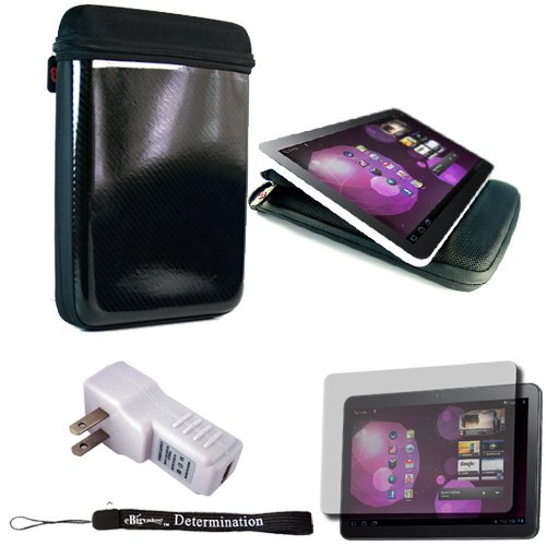 Black Carbon Fiber Durable Slim Protective Eva Storage Cover Cube Carrying Case with Mesh Pocket For Samsung Galaxy Tab 10.1 inch Android Honeycomb Tablet (Compatible With All Version) + Includes a eBigValue (TM) Determination Hand Strap + Includes a Anti Glare Screen Protector + Includes a Travel USB Home Charger Kit + Includes a Antil Glare Screen Protector