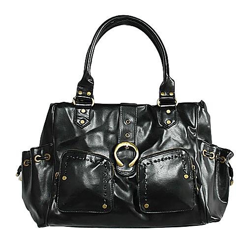 OVERSIZED BLACK BAG WITH SIDE POCKETS TRIMMED IN BRASS