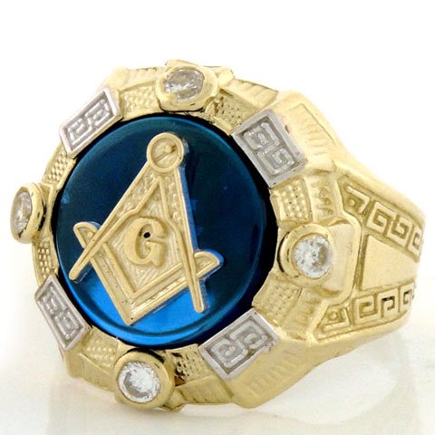 10K Gold Two-Tone Mens Synthetic Sapphire Masonic Ring