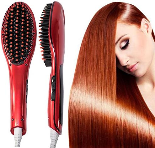 Wave Of Beauty LCD Hair Straightening Brush, LED Straightener Evenly Heated Professional Ceramic Iron Style Hairbrush, Detangles, Straightens and Massages in Just 30-60 Seconds (Red/Black+Red Tips)