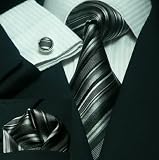 Landisun 84C Black Stripes Mens Silk Tie Set: Tie+Hanky+Cufflinks Exclusive
