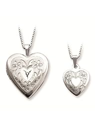 Just Like Mommy Collection Sterling Silver Polished & Satin Finish 0.01 ct Solitaire Diamond Floral Design Heart Locket Pendant Necklace Set with 14" & 18" Box Chain
