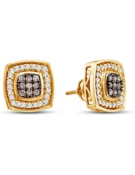 14K Yellow Gold Round Brilliant Cut Chocolate Brown and White Diamond - Square Princess Shape Halo Channel Set Studs Earrings with Secure Screw Back Closure - (1/2 cttw.)