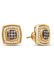 14K Yellow Gold Round Brilliant Cut Chocolate Brown and White Diamond - Square Princess Shape Halo Channel Set Studs Earrings with Secure Screw Back Closure - (1/2 cttw.)