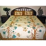 Mothers Day Gift - 3pc Seashell and Goldenrod Floral Printed Cotton Indian King Bedspread with Pillow Covers 90 X 104 Free Shipp