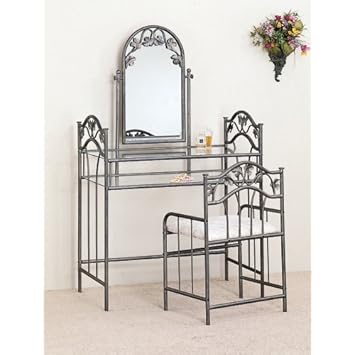 Nickel Bronze Finish Metal Vanity Table Stool & Mirror Set