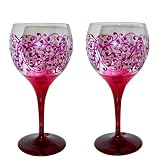 ArtisanStreet's Elegant Wine Goblets. Set of 2. Intricate Scroll Design in Shades of Ruby Red. Signed