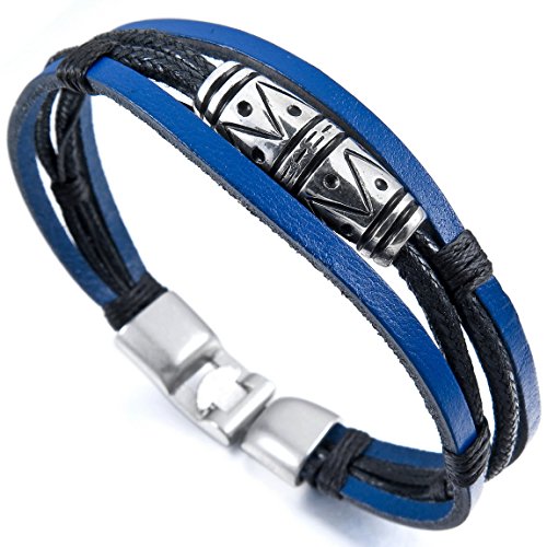 Men's Alloy Genuine Leather Bracelet Bangle Black Blue Silver Vintage Biker (with Gift Bag)