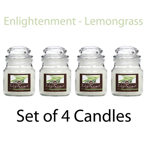 Hosley Candle Company Set of 4 Lemongrass (Enlightenment) Jar Candle - 85g each. We Hand Pour Our Candles Using a High Quality Wax Blends with Essential Oil Infused Fragrance Ingredients to Create a Highly Fragranced Aroma. Ideal for Spa, Aromatherapy and Everyday Use.