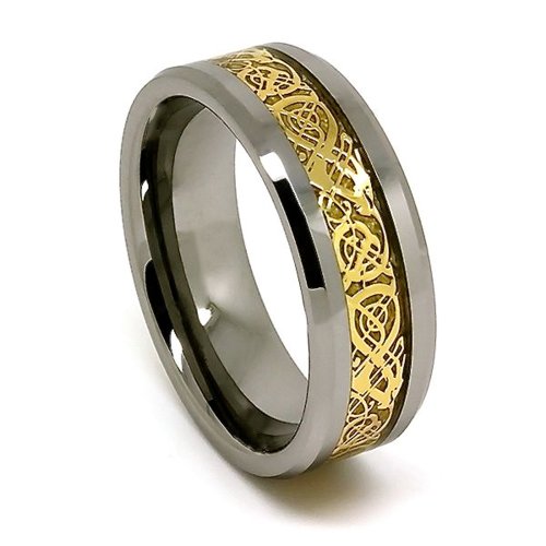 8mm Polished Tungsten Wedding Band with Golden Colored Celtic Dragon Inlay (Sizes 4-16)