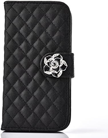Galaxy S7 Case Fashion Leather Cover For Samsung Galaxy S7 Gride Style Flip Stand Case Diamond Camellia Wallet (Black)