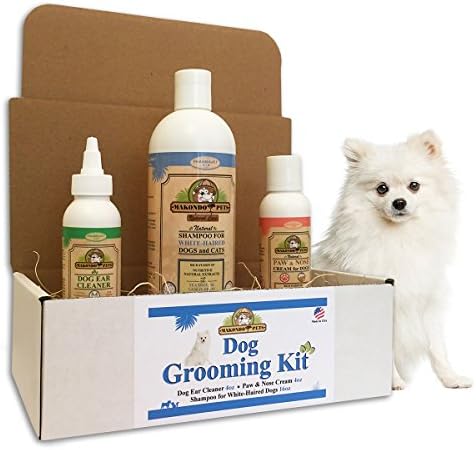 Grooming Kit for Dogs by Makondo Pets-Natural Whitening/Deshedding/Deodorizing Shampoo-Ear Cleaner-Paw &amp; Nose Cream-Antibacterial/Antifungal/Great Dog Lovers Gift-Veterinarian Formulated- White Coat