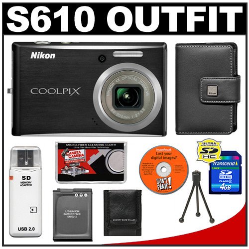 Nikon Coolpix S610 10-Megapixel Digital Camera (Midnight Black) with 4x Optical Zoom + 4GB Memory Card + EN-EL12 Battery + Leather Case + Accessory Kit