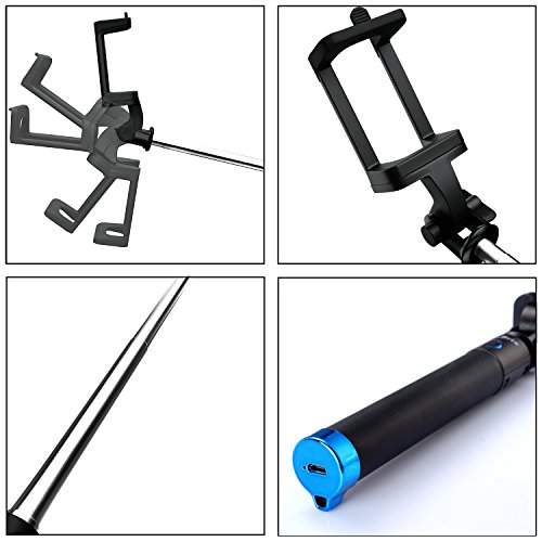 Selfie Stick, Mixbrix® Ultra Compact Foldable Quick Snap Pro 3-In-1 Self-portrait Monopod Extendable Wireless Bluetooth Selfie Stick with built-in Bluetooth Remote Shutter With Adjustable Phone Holder for iPhone 6, iPhone 6 Plus, iPhone 5 5s 5c, Android (Blue)