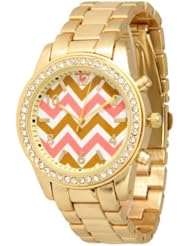 Geneva Small Gold Boyfriend Watch with Rhinestones and Pink & Brown Chevron Face