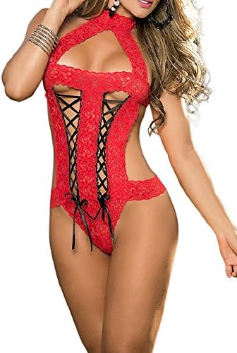 Wonder Lingerie Plus Women's Halter Neck Lace Strap Teddy Scalloped Lace One Size (Fits M-L) Red