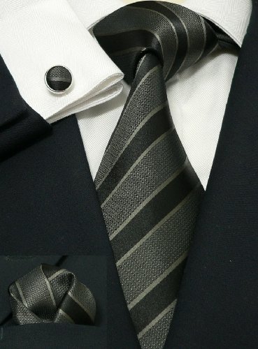 Landisun 47G Black Gray Stripes Mens Silk Tie Set: Tie+Hanky+Cufflinks Exclusive