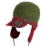 Red Plaid Trim Green Crochet Trooper Hat