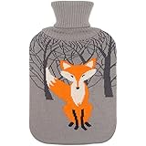 Large 2 Liter Soft Cute Hot Water Bottle Knit Cover - ONLY Cover (2 L, Gray with Fox)