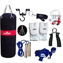 Canvas Punch Bag Sets 3 feet with Free Chrome Plated chain, Bag Mitts, Heavy dute Metal Ceiling Hook, Nylon Skipping Rope Blue, Boxing Glove UK Flagged Miniature and novelty, Boxing Gloves Key Chain Black and Blue Hand Wraps
