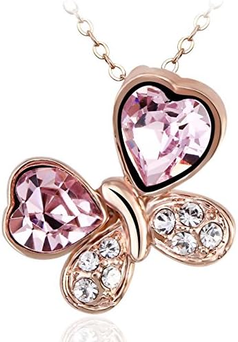 VEECAS Crystal Diamond Butterfly Pendant Necklace For Women, 16" - 18" (Rose Gold With Pink)