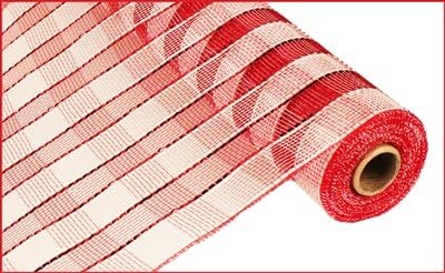 Red & White Wide Foil Plaid Poly Deco Mesh Roll 21" Candy Cane Stripe