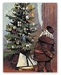 Santa Admiring Christmas Tree - Box Set of 12 Christmas Greeting Cards and patterned envelopes