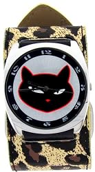 Kitty Cat Black Round Steel Case Ladies Cute Kitten Punk Independent Skater Wide Leopard Print Leather Band Wrist Watch