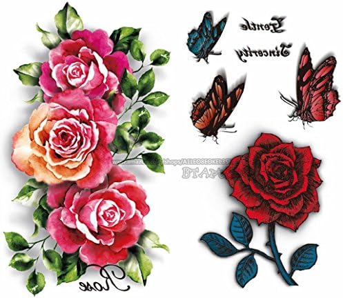 BTArtbox 3D Rose Flower/Butterfly Temporary Tattoo Waterproof Paper Body Art Decal - Long Duration, High Quality, Easy To Use And Look Great On Any Skin Type 2 Sheet