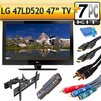 LG 47LD520 47 1080p 120Hz LCD HDTV with Articulating Wall Mount & 9 Outlet Surge Protector & 5pc Hook Up Kit (2 6FT HDMI Cables,6FT Audio Interconnect Cable ,6FT Component Cable, TV Cleaning Kit)