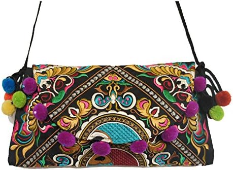 Handmade Vintage Bohemian Boho Hippie Gypsy Indian Hmong Tribal Ethnic Handbag Shoulder Bag Purse Purple Pom Pom (SB013) - Buy This 4 Similar Items, Free Upgrade Fedex Shipping
