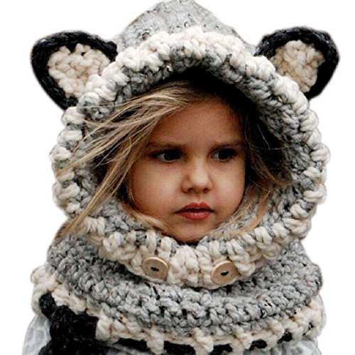 Imagen 6 de Frbelle® Gorro de Punto Invierno Esquí Montaña Campaña Diseño de Zorro Protección Sombreros Chale Capucha Bufunda Pasamontaña Beanie para Niños Unisexo de 3 a 9 años Grís