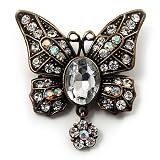 Vintage Butterfly With Dangling Floral Tail Brooch (Antique Bronze Tone)