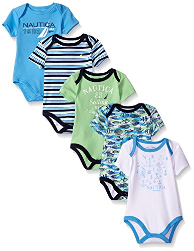 Nautica Baby Boys' Newborn Five-Pack Bodysuits,Aqua Green, 3-6 Months
